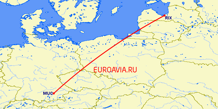 перелет Рига — Мюнхен на карте