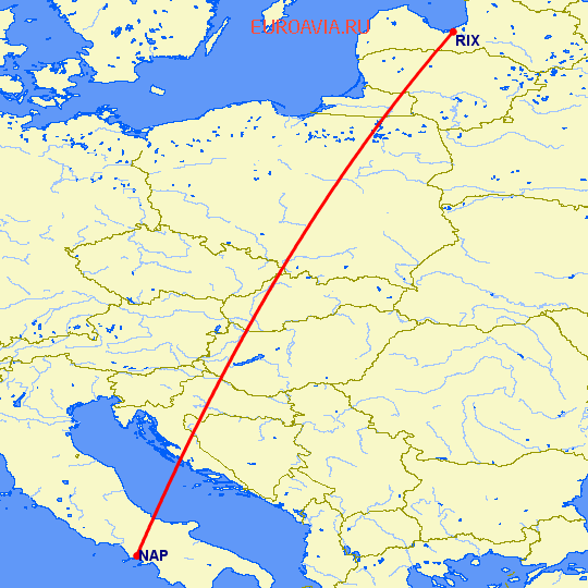 перелет Рига — Неаполь на карте