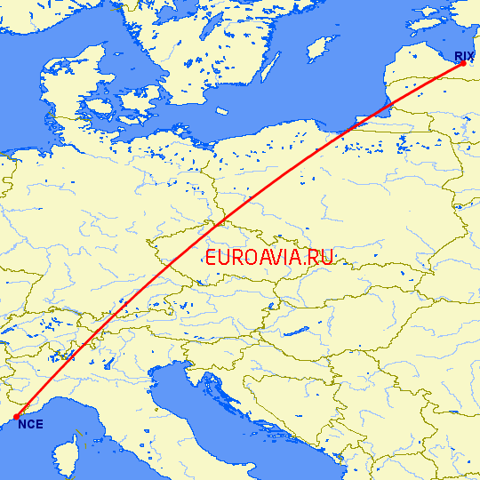 перелет Рига — Ницца на карте