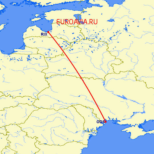 перелет Рига — Одесса на карте