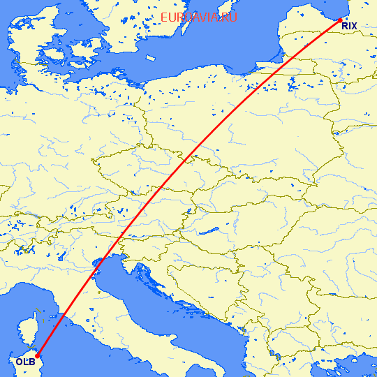 перелет Рига — Costa Smeralda на карте