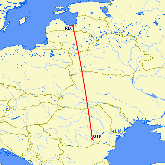 перелет Рига — Бухарест на карте