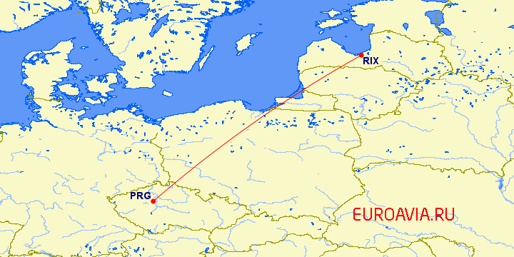 перелет Рига — Прага на карте