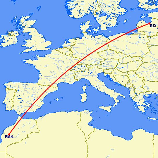 перелет Рига — Марракеш на карте