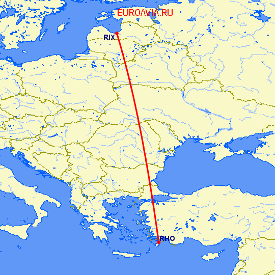 перелет Рига — Родос на карте