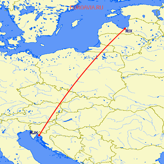 перелет Рига — Риека на карте