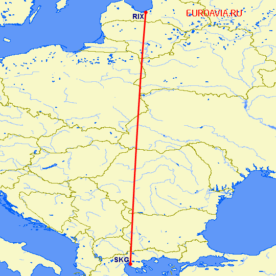 перелет Рига — Салоники на карте