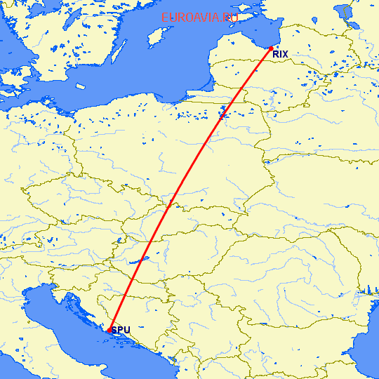перелет Рига — Сплит на карте