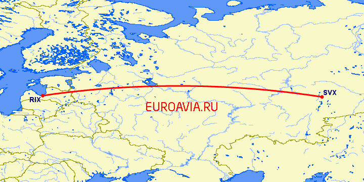 перелет Рига — Екатеринбург на карте