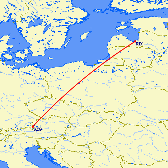 перелет Рига — Зальцбург на карте