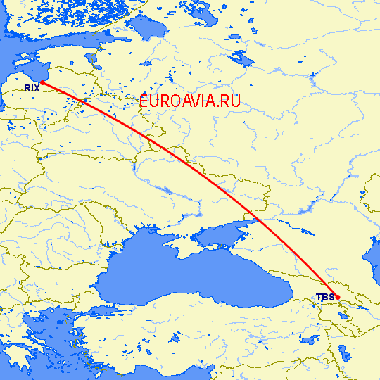 перелет Рига — Тбилиси на карте