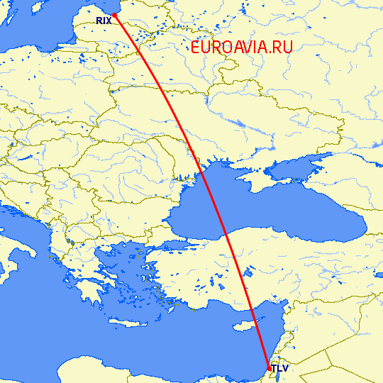 перелет Рига — Тель Авив на карте