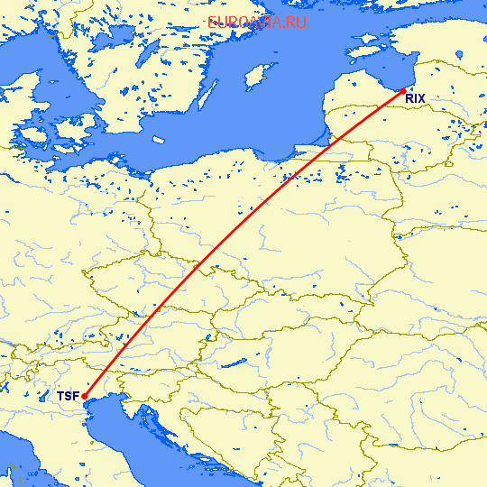 перелет Рига — Тревисо на карте