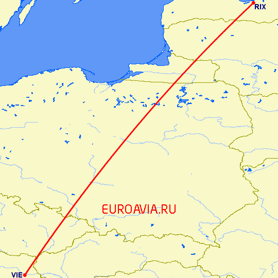 перелет Рига — Вена на карте