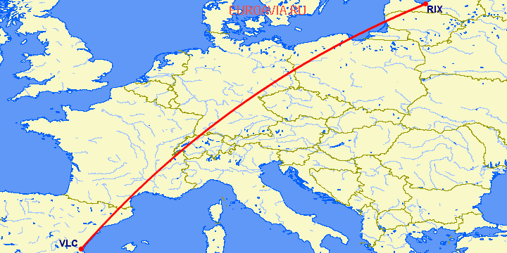 перелет Рига — Валенсия на карте