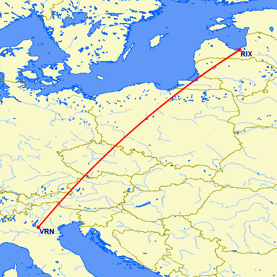 перелет Рига — Верона на карте