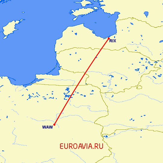перелет Рига — Варшава на карте