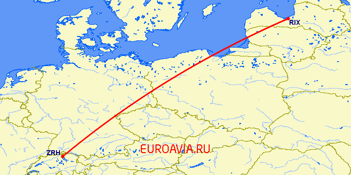перелет Рига — Цюрих на карте