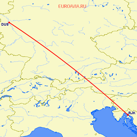 перелет Риека — Дюссельдорф на карте