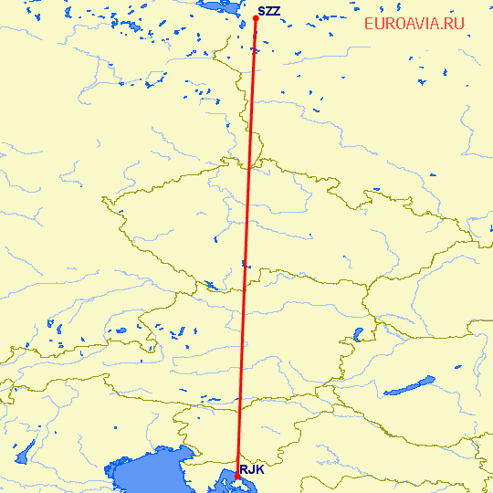 перелет Риека — Щецин на карте