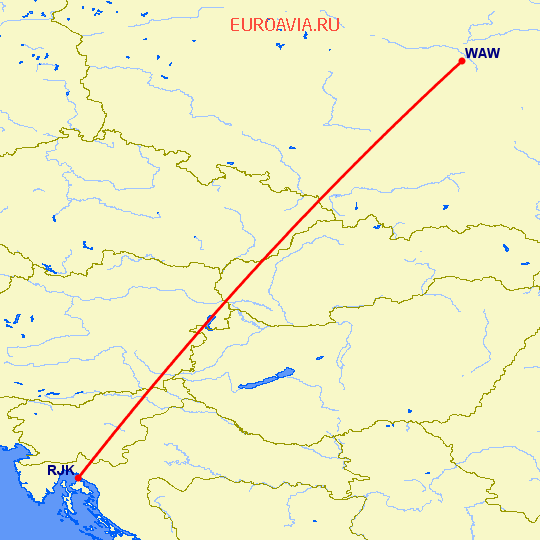 перелет Риека — Варшава на карте