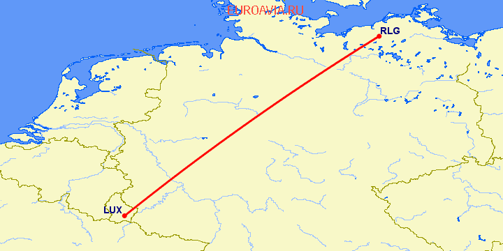 перелет Росток — Люксембург на карте