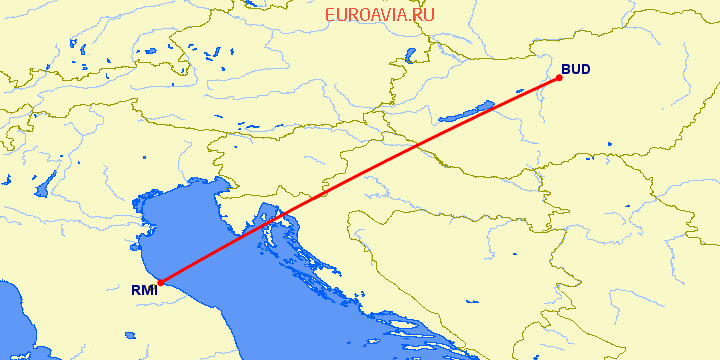 перелет Римини — Будапешт на карте