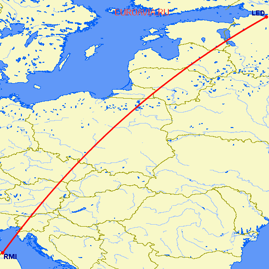 перелет Римини — Санкт Петербург на карте