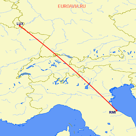 перелет Римини — Люксембург на карте
