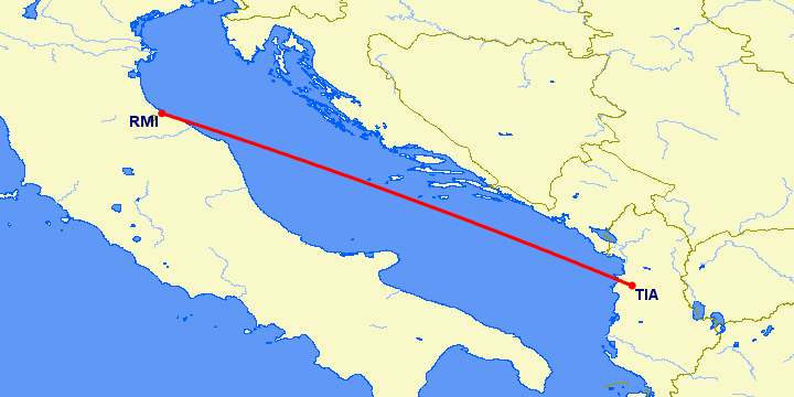 перелет Римини — Тирана на карте