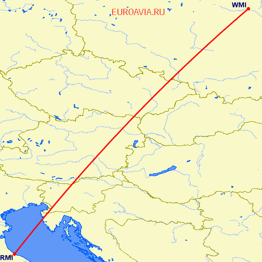 перелет Римини — Варшава на карте