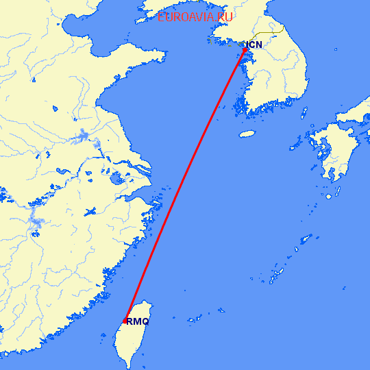 перелет Тайчунг — Сеул на карте