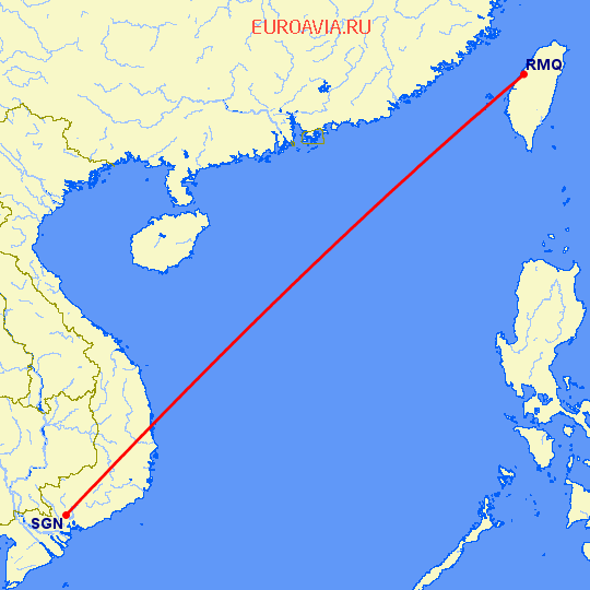 перелет Тайчунг — Хошимин на карте