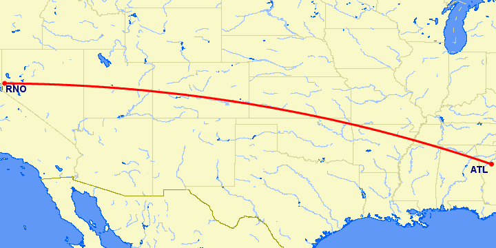 перелет Рино — Атланта на карте
