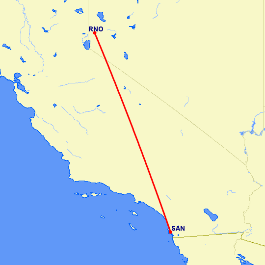 перелет Рино — Сан Диего на карте