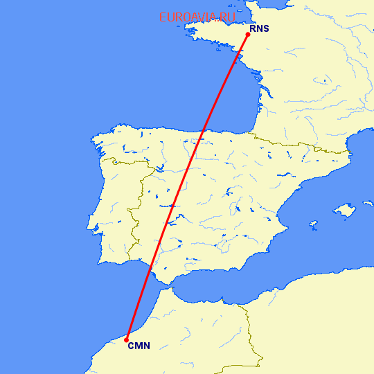перелет Ренн — Касабланка на карте