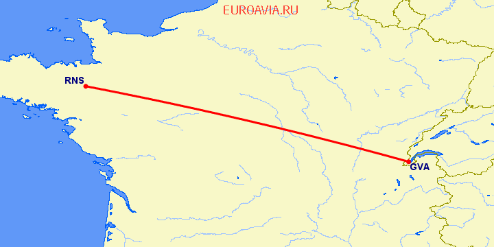 перелет Ренн — Женева на карте
