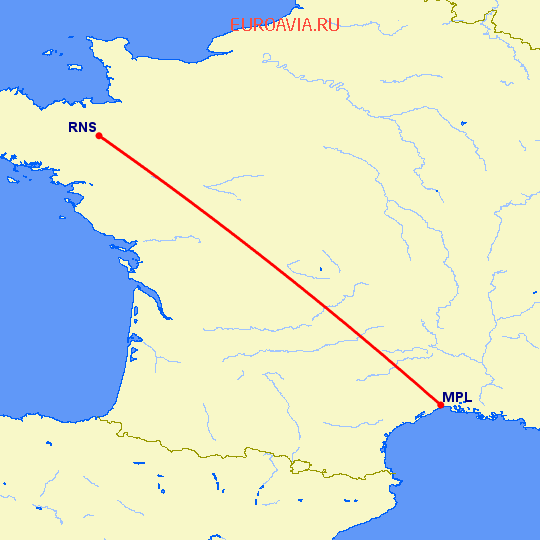 перелет Ренн — Монпелье на карте