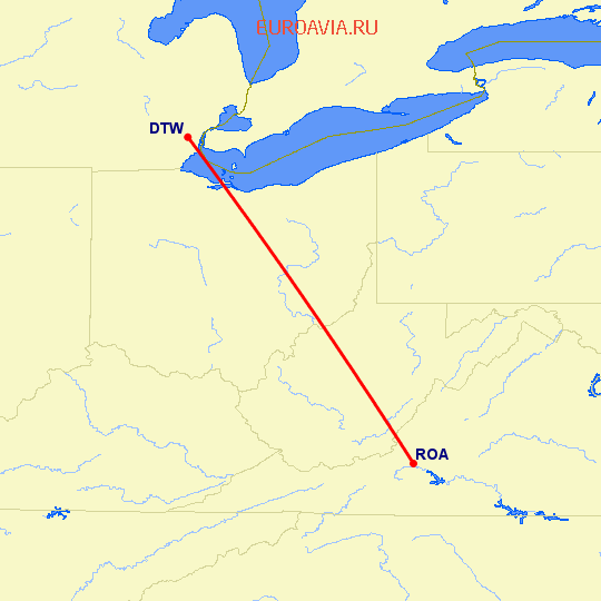 перелет Roanoke — Детройт на карте