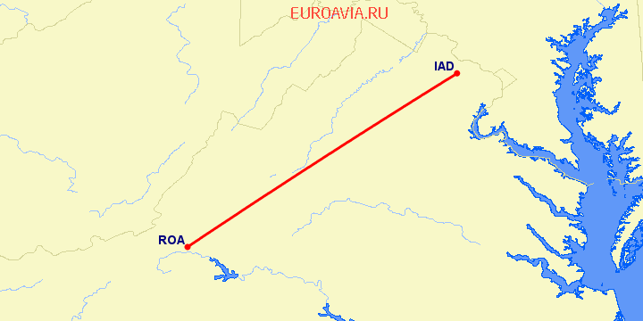 перелет Roanoke — Вашингтон на карте