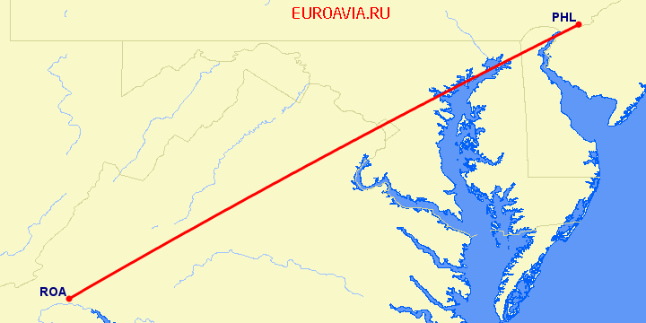перелет Roanoke — Филадельфия на карте
