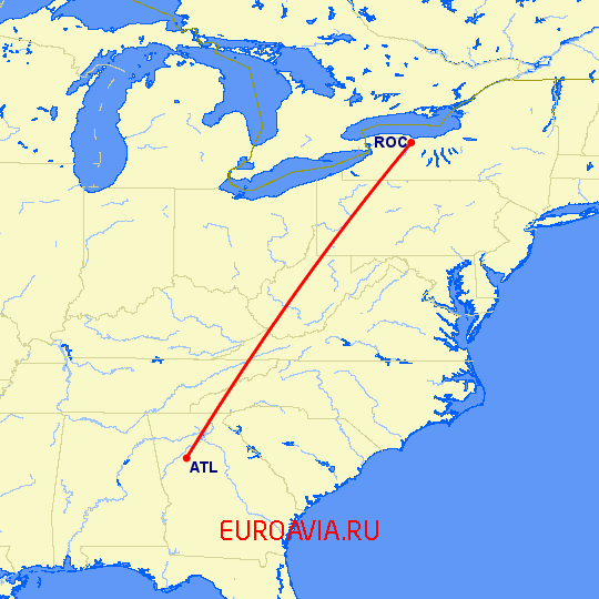 перелет Рочестер — Атланта на карте