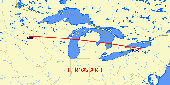 перелет Рочестер — Миннеаполис на карте