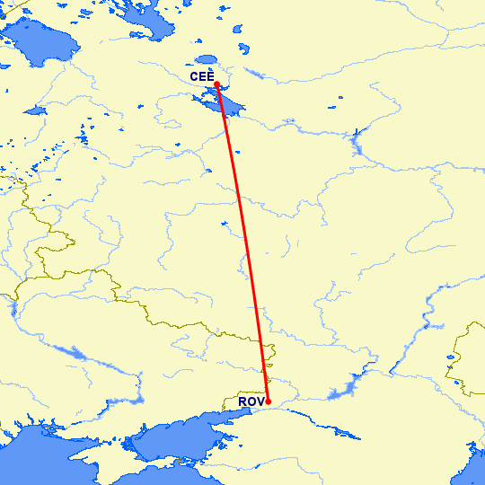 перелет Ростов — Череповец на карте