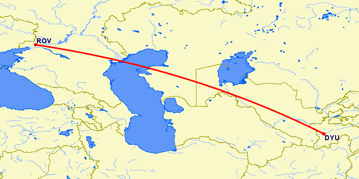 перелет Ростов — Душанбе на карте