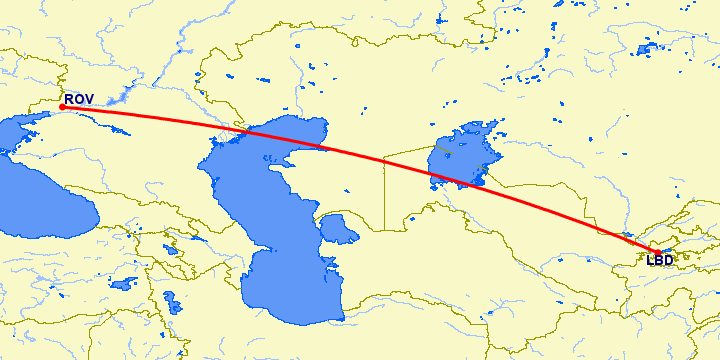 перелет Ростов — Худжанд на карте