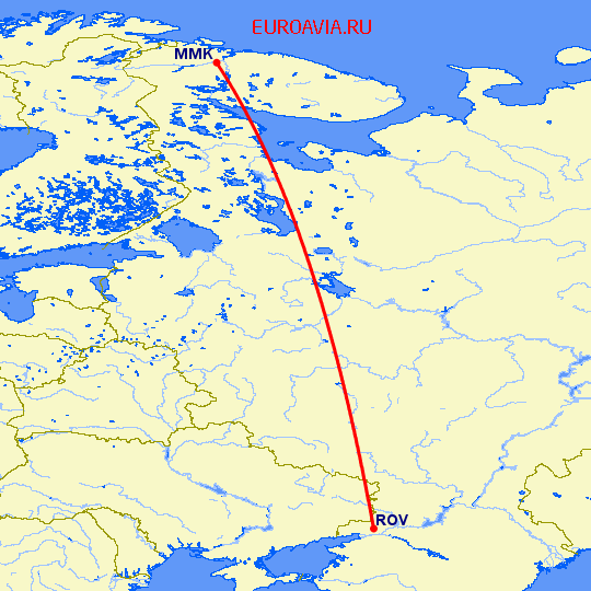 перелет Ростов — Мурманск на карте
