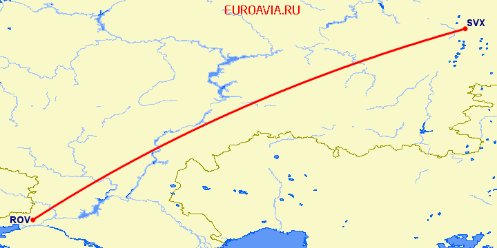 перелет Ростов — Екатеринбург на карте
