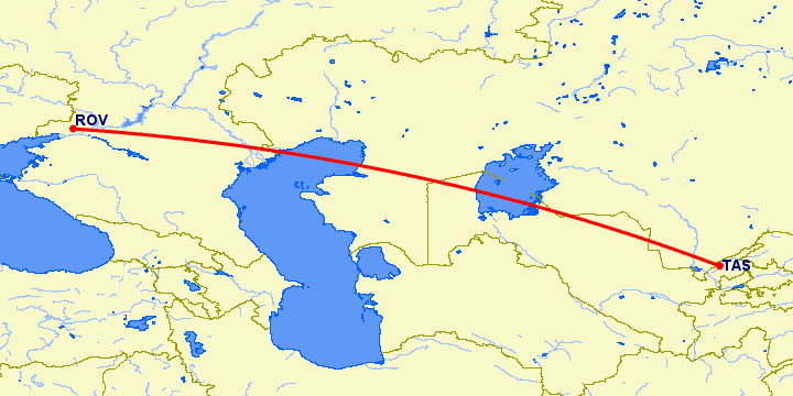 перелет Ростов — Ташкент на карте