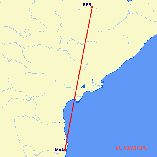 перелет Райпур — Мадрас Ченнай на карте